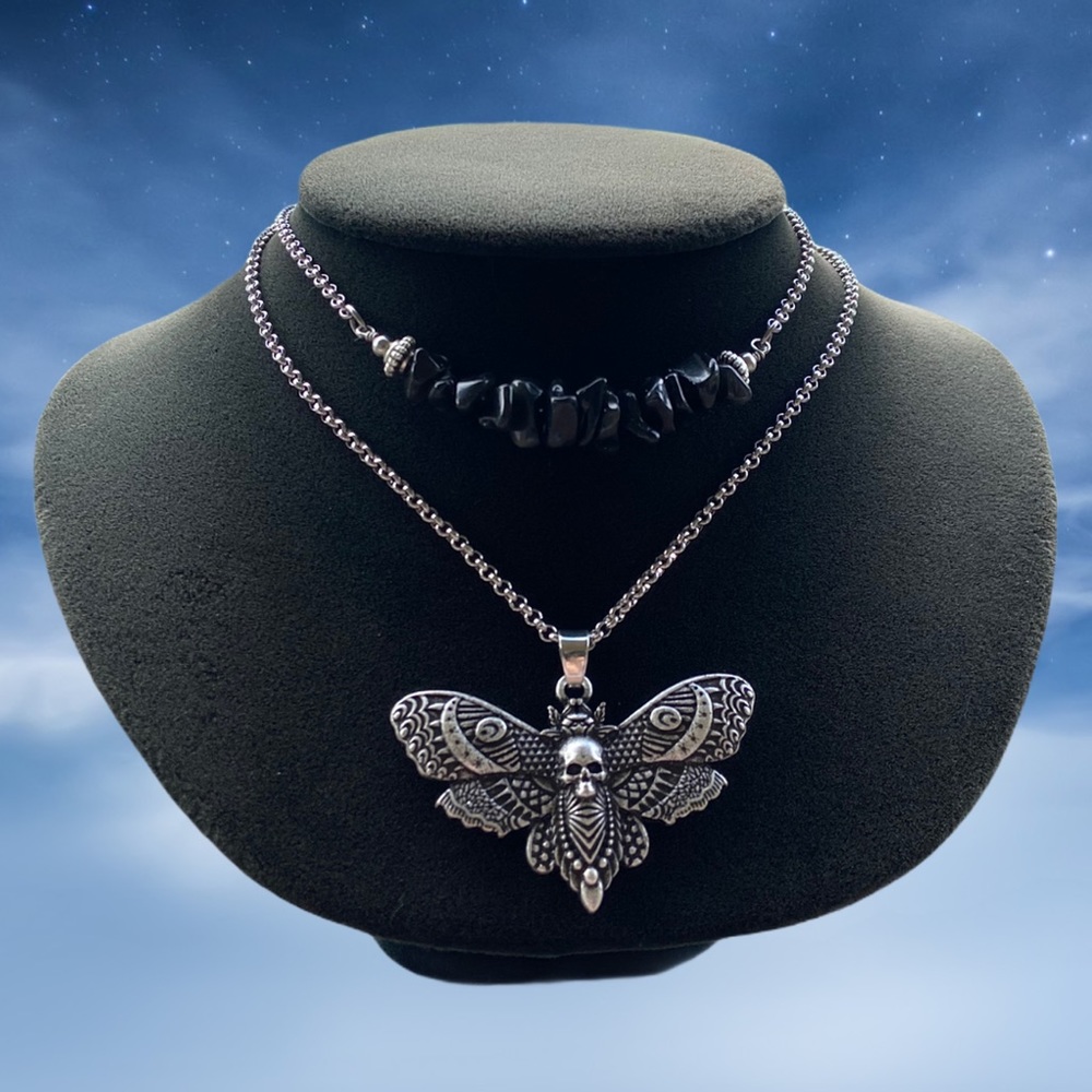 Double layer moth skull moon charm & gems of your choice goth boho - Picture 13 of 16